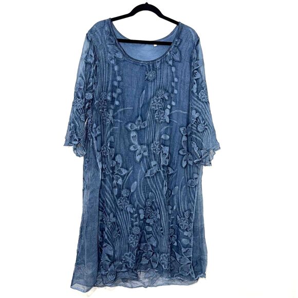 Soft Surroundings Starling Silk Boho Floral Embroidered Dress - Blue 2X - Picture 2 of 6